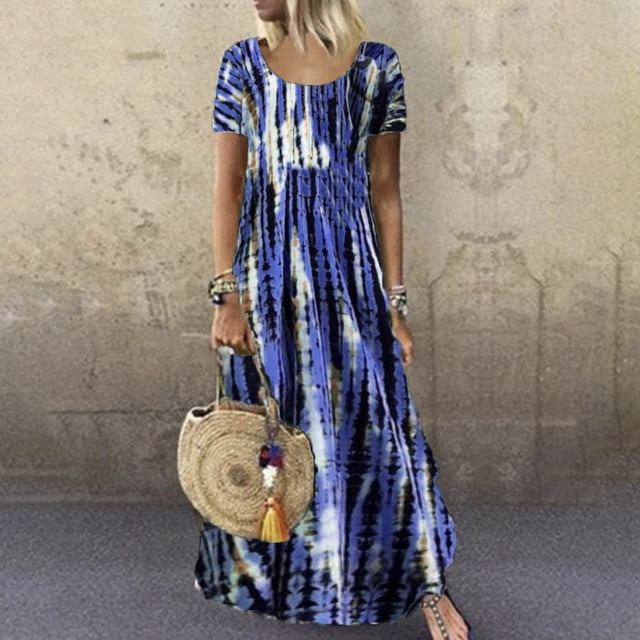 SMihono Robe Maxi Bohème d'Été pour Femmes Grande Taille Imprimé Teinture sur Nœuds Évasée Décontractée Robe d'Été Florale à Manches Courtes Femmes Robe pour Femmes Robe Mini Robe de Plage Évasée Robe d'Été