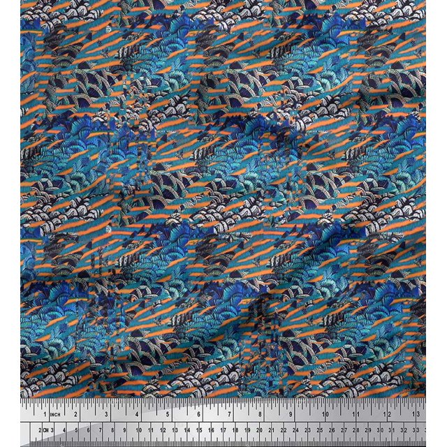 Soimoi Blue Poly Georgette Fabric Peacock & Fish Animal Skin Printed Fabric 1 Yard 42 Inch Wide