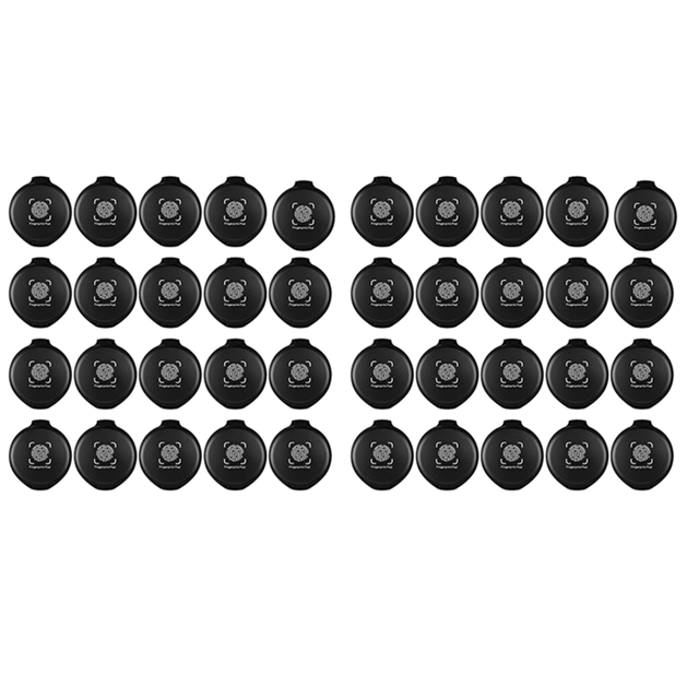 40 Pcs Fingerprint Fingerprint Ink Pad Mini Black Stamp Ink Pad Notary Supplies Identification Security ID Fingerprint. The image displays 40 black fingerprint ink pads neatly arranged in rows. Each pad is compact, measuring 1.97 x 2.36 x 0.6 inches, and made of durable ABS plastic with fade-resistant ink. These pads are suitable for various uses, including offices, schools, law enforcement, and notarization. They feature a sticker at the base for secure placement on smooth surfaces and are easy to carry and store.