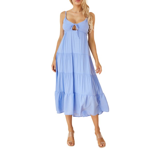 Kmbangi Robe Midi Cami d'Été pour Femmes Couleur Unie Bretelles Spaghetti Dos Nu Tie-Up Partie Plage Robe de Ligne