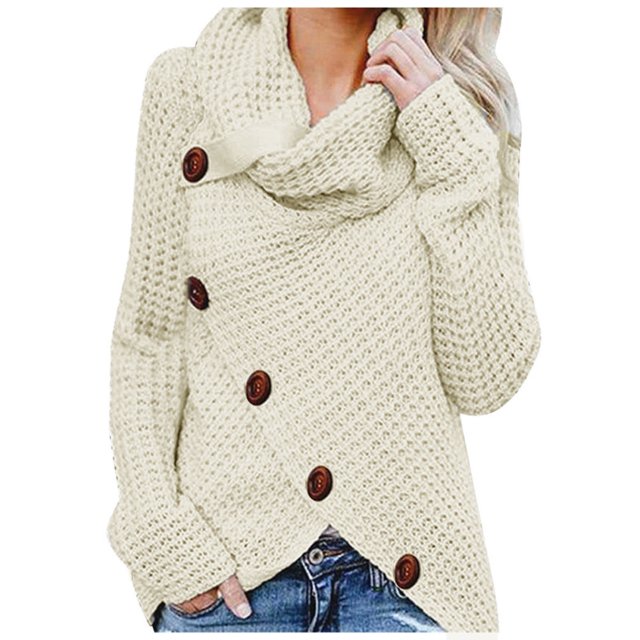 EGNMCR Chandail à Col Roulé pour Femmes, Chandails pour Femmes Femmes Bouton Chandail à Manches Longues Chandail Molletonné Chandail Hauts Blouse Chemise Unie Femmes Chandail