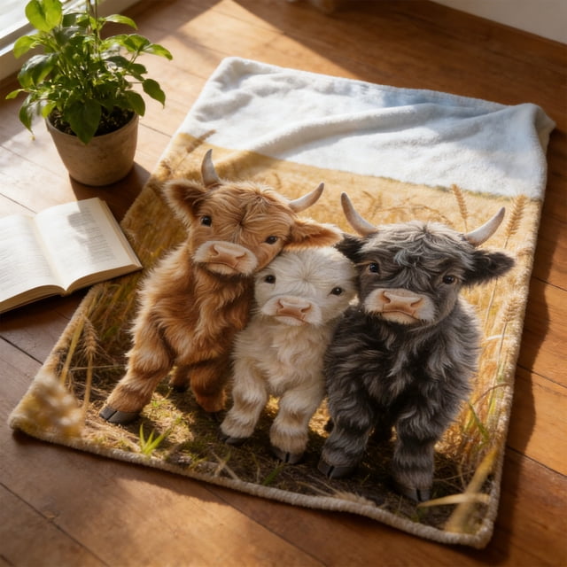 EGNMCR Throw Blanket, Throw Blanket for Couch Flannel Blanket With Highlands Cattle Three-dimensional Digital Heat Transfer Print Lunch Break Blanket Flannel blanket