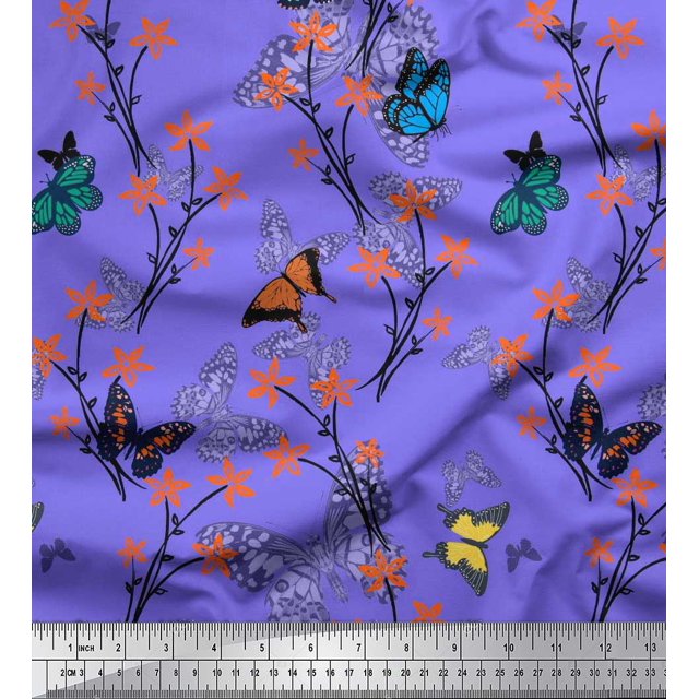 Soimoi Purple Cotton Voile Fabric Flower & Butterfly Decor Fabric Printed BTY 56 Inch Wide