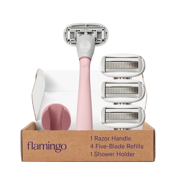 Flamingo Original Razor - Women's Shaving Kit for Daily Shaving - Includes 1 Razor Handle, 4 5-Blade Refills & 1 Shower Holder - Lubrication Strip - No-Slip Grip - Flexible Hinge - Rose