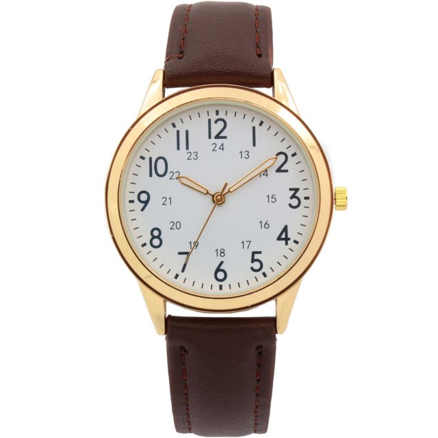 George Montre Analogique pour Homme avec Boîtier en Métal Doré de 38 mm et Cadran Blanc Présentant des Chiffres Arabes Noirs et des Marqueurs de 24 Heures. Elle a des Aiguilles Dorées et un Bracelet en Cuir PU Brun avec Détail Cousu, Alimentée par un Mouvement à quartz pour une Mesure Précise de l'Heure.