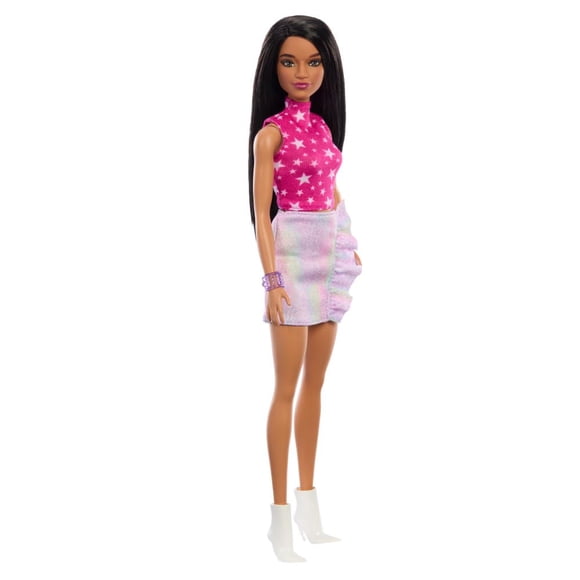 Barbie Fashionistas Doll #215 With Black Straight Hair, Pink Star-Print Top & Iridescent Skirt, 65Th Anniversary Collectible Fashion Doll