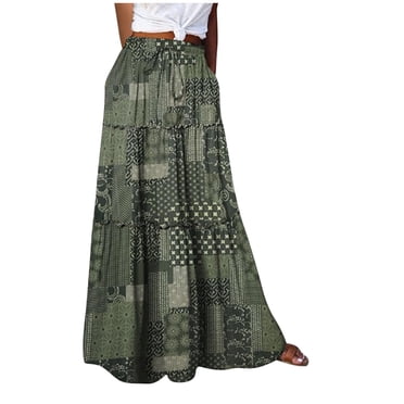 Pisexur Women's Boho Floral Skirt Casual Elastic High Waist Tiered Bohemian Maxi Skirts Flowy A Line Beach Long Skirt with Side Pockets