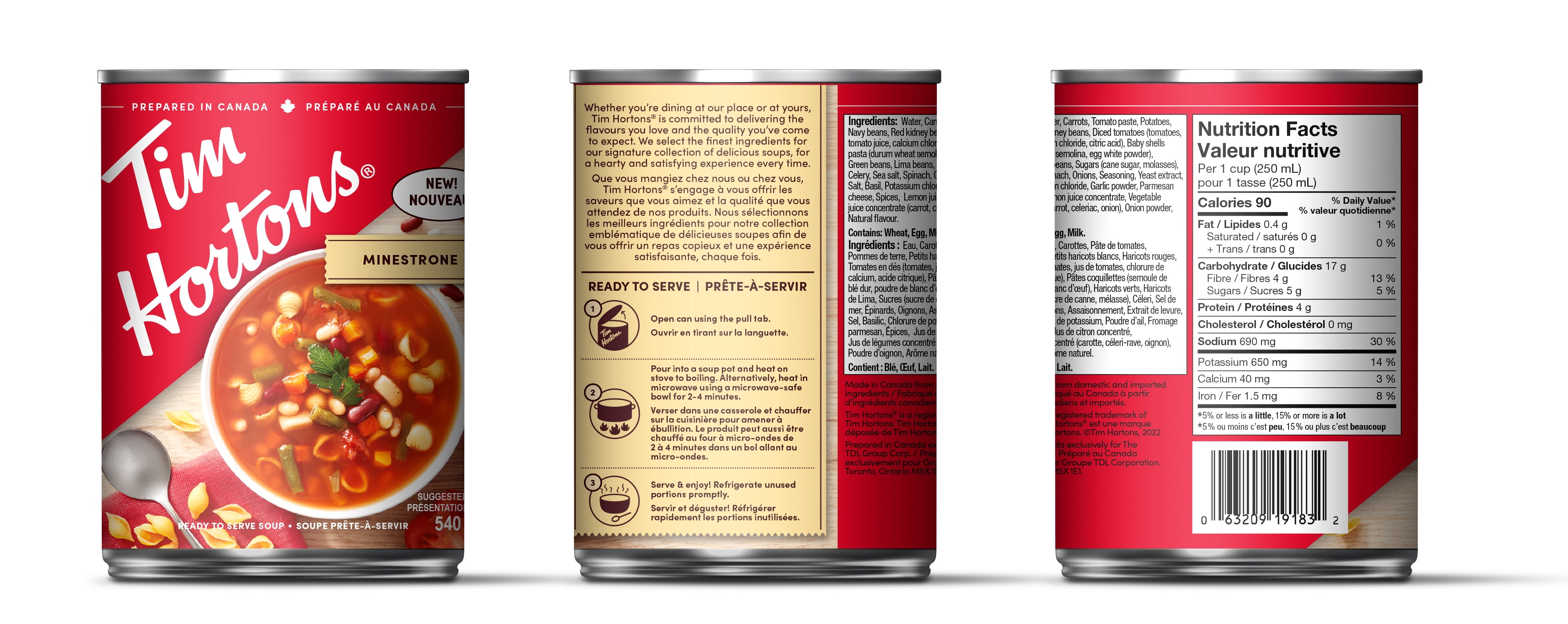 Tim Hortons Minestrone Soup, 540 mL Can, Hearty Veggies, Beans and Pasta in Tomato Broth, Prepared in Canada