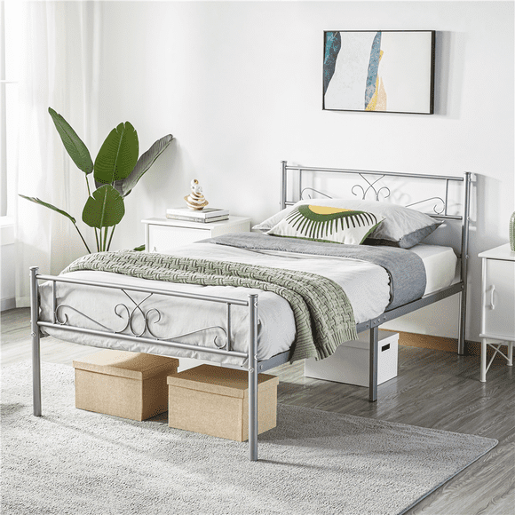 Yaheetech Graceful Scroll Metal Platform Bed with Headboard and Footboard, Twin, Silver