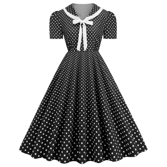 Pisexur Robe à Manches Courtes Col en V Mode Femmes Robe Vintage Évasée Ligne A Nœud Papillon Robe de Bal Col en V Manches Courtes Imprimé à Pois Robe Femme en Solde