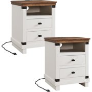 QinaQin 2-Pcs Nightstand with Charging Station 18-Inch Rustic Night Stand with 2 Storage Drawers Wood End Table for Bedroom and Living Room Antique White