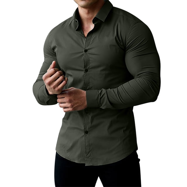 Pompotops Chemise Homme Décontractée Unie à Col Rabattu Boutonnée à Manches Longues en Solde