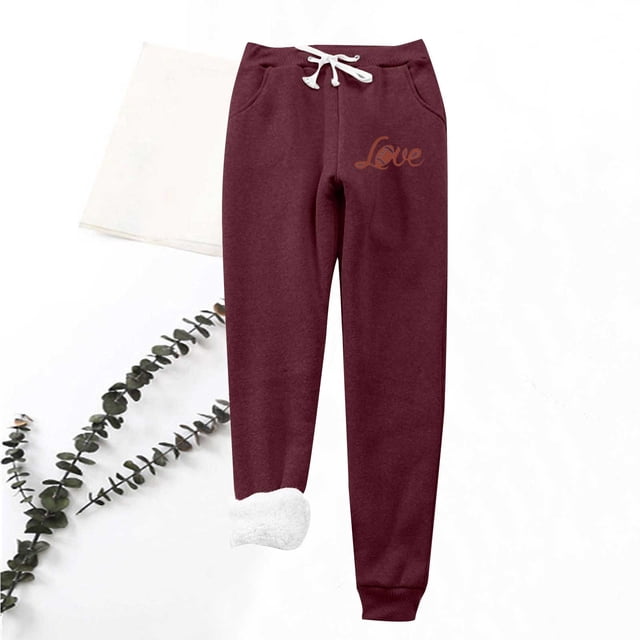 LSLJS Women's Love Printing Leggings with Elastic Drawstring Pockets Thick Warm Pants
