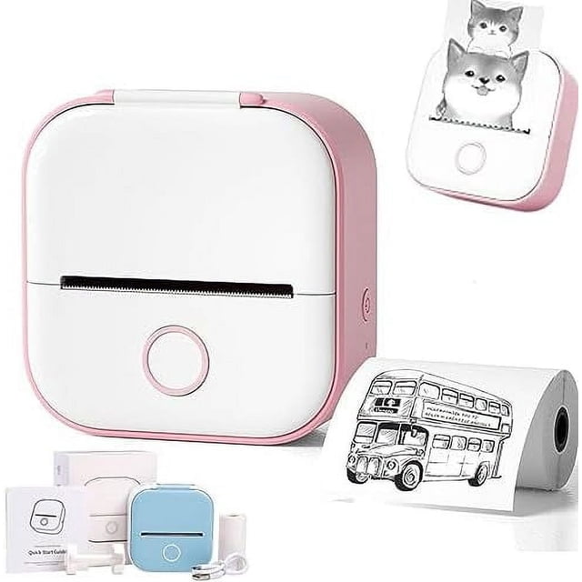 POINTERTECK Print Pod Mini Printer with a compact, inkless thermal design in white and pink. Features Bluetooth connectivity for easy pairing with smartphones and tablets. Includes paper rolls and a quick start guide. Prints clear black-and-white images, perfect for stickers, labels, scrapbooks, and study notes.
