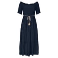 thumbnail image 3 of Taylonsss Womens Summer Dress Boho Strapless Solid Color Drawstring Off Shoulder Short Sleeve Ankle Length Beach Vacation Outfit, 3 of 6