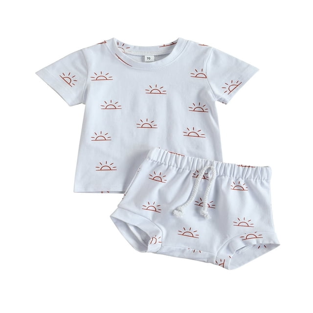 Ensemble 2 Pcs Bébé Manches Courtes Imprimé Soleil Hauts Shorts pour Enfants Garçons Filles