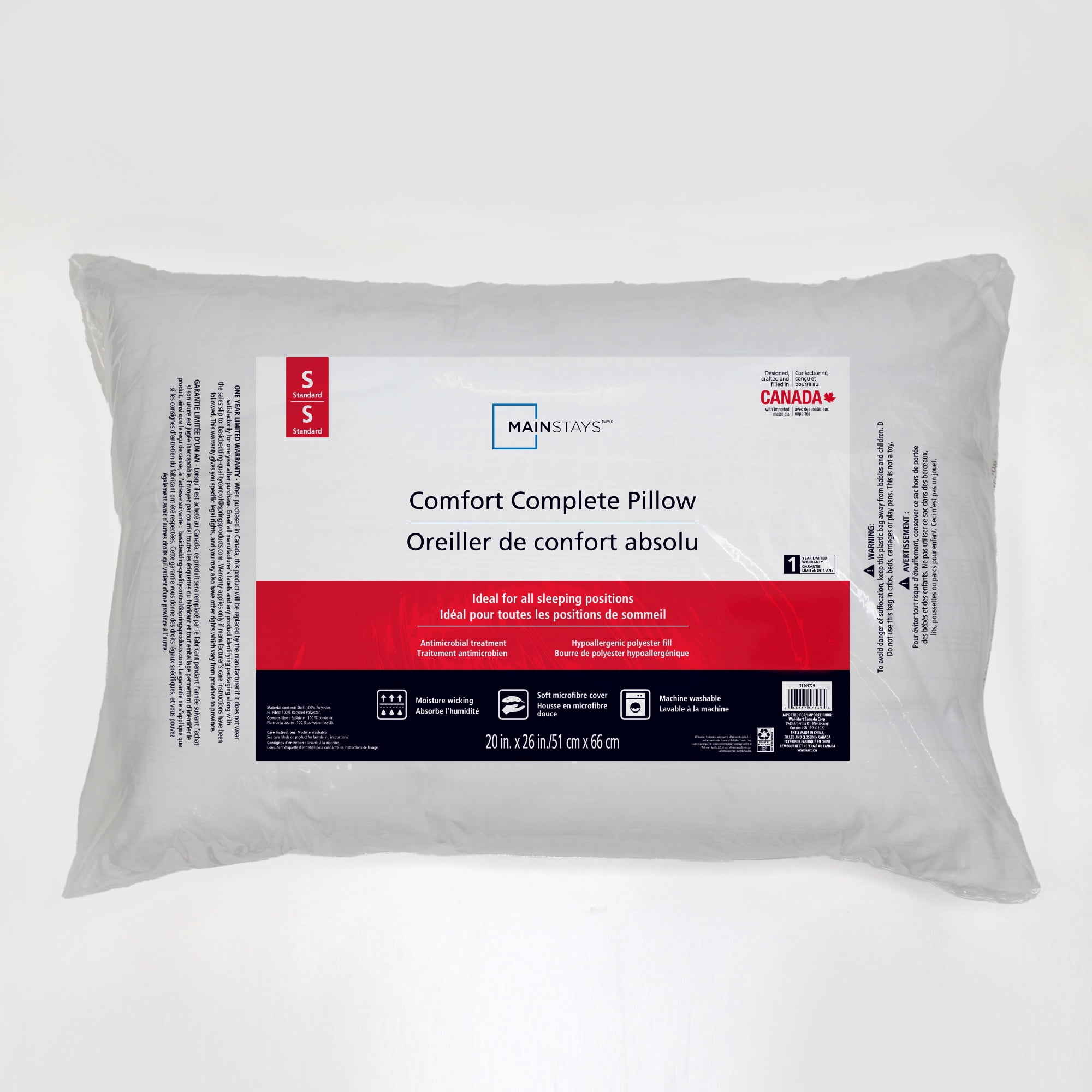 Mainstays Comfort Complete Standard Size Bed Pillow, White, Hypoallergenic Fill, Antimicrobial