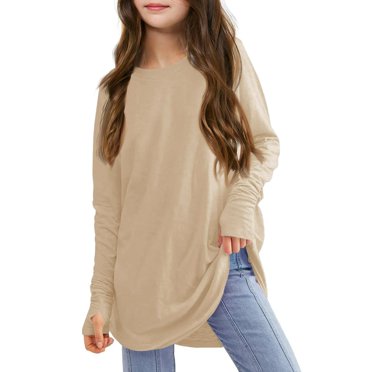 MEZZALL Child Kids Girls Long Sleeve Crew Neck T-Shirt Tshirts Tops Casual Loose Solid Color Shirt Blouse Leisure Toddler Dailywear, Khaki, 5-6 Years