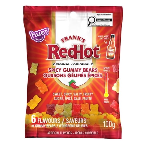 Huer, Franks Red Hot Originale, Oursons Gelifies Epices Bonbons, 100g, Sans Arachides et Noix