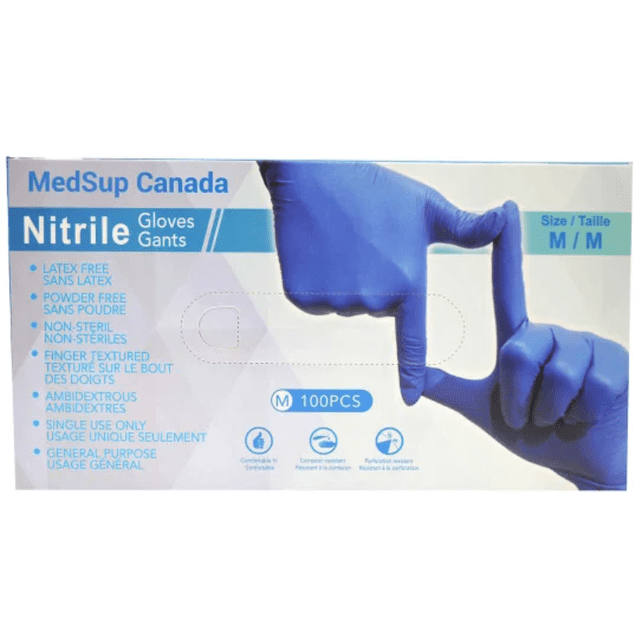 Medsup Gants en Nitrile – Lot de 2 (100 Unités) Taille Moyenne, Présentés dans un Emballage Bleu avec des Caractéristiques Clés Mises en Évidence, Incluant des Propriétés Sans Latex, Sans Poudre et Non Stériles. la Boîte Montre un Gros Plan de Gants Bleus Portés, Mettant en Valeur Leurs Bouts des Doigts Texturés et Leur Conception Ambidextre. Convient à l'Usage Médical, à la Manipulation des Aliments, au Nettoyage et à un Usage Général.