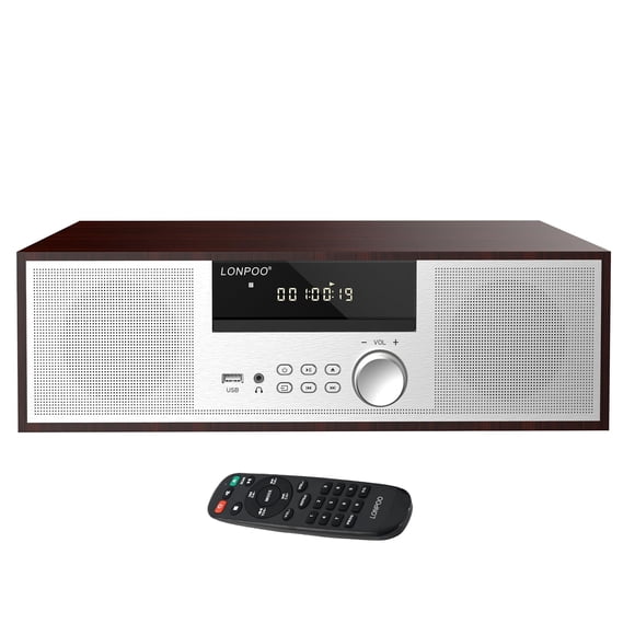 LONPOO Stereo Shelf System for Home, Vintage CD Player 40W RMS Micro Mini System with Remote Control, Bluetooth, FM Radio, USB MP3 Playback & Aux-in,