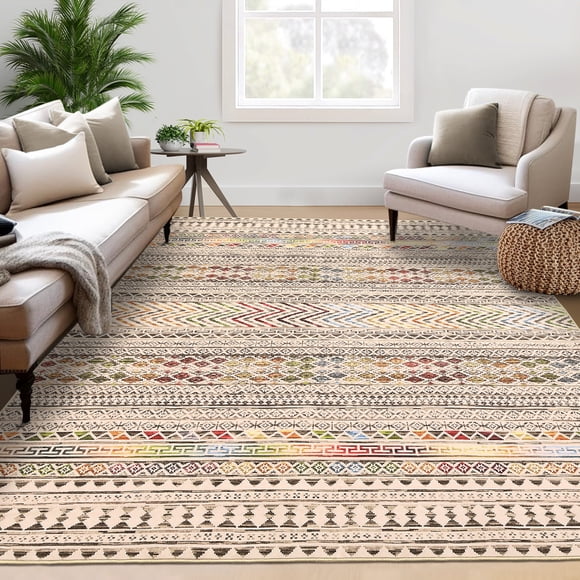 Grands Tapis de Zone 5x7 Lavables à la Machine, Tapis Usé, Non Pelucheux et Antidérapant, Tapis Boho pour Salon, Style Ferme, Doux à Poil Ras, Résistant aux Taches, Couvre-Plancher sous la Table de Salle à Manger, Brun et Multicolore