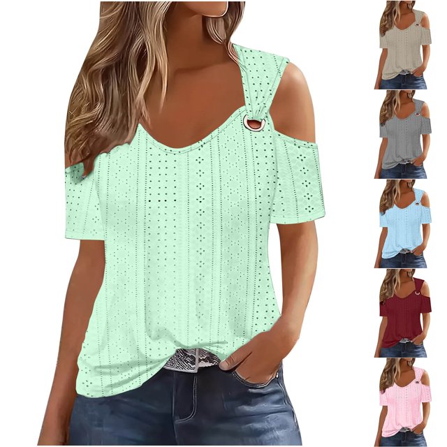 QIPOPIQ Women's Cold Shoulder Tops Short Sleeve V Neck T Shirts Basic Summer Tees Clearance