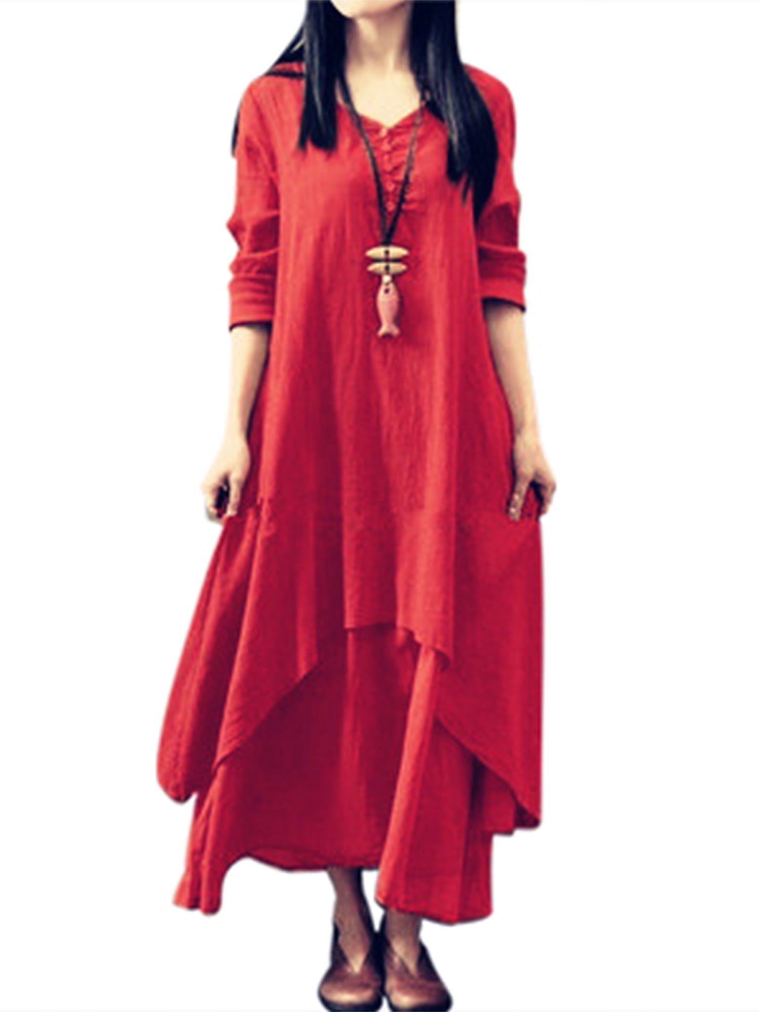 Oversize Vintage Kaftan Cotton Linen Maxi Dress For Lady Front Button Down Ruffle Tunic Dress For Women High Low Hem Pleated A Line Dress T Shirt Dress