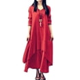 thumbnail image 1 of HIMONE Long Sleeve Solid Color Tunic Dress For Lady V-Neck Button Down Maxi Dress Womens Ruffle Pleated T Shirt Dress Irregular Hem Fake Two Piece Dress Plus Size, 1 of 2