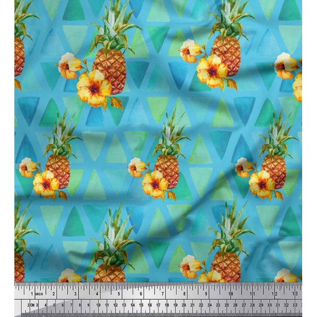Soimoi Blue Georgette Viscose Fabric Triangle & Pine Fruits Printed Fabric 1 Yard 42 Inch Wide