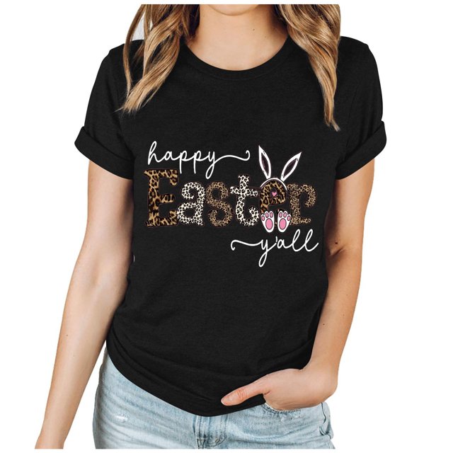 EGNMCR Chemise de Pâques à Manches Courtes pour Femmes Imprimé de Pâques Haut à Manches Courtes Col Rond T-Shirt pour Femmes