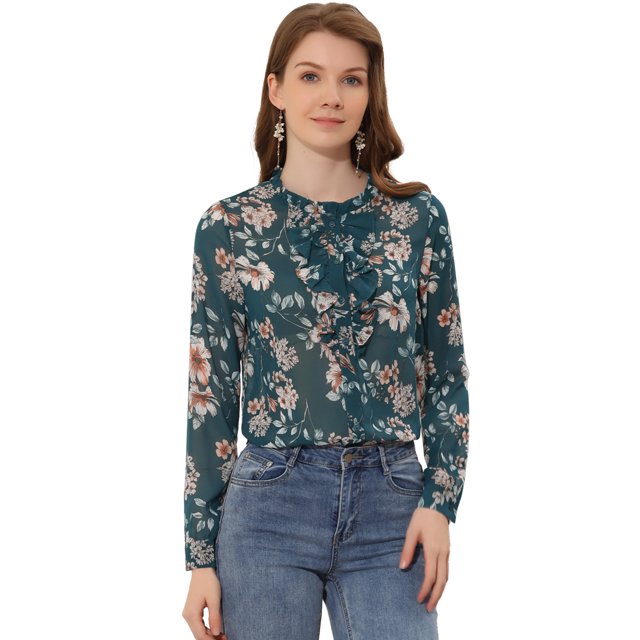INSPIRE CHIC Women's Long Sleeve Ruffle Collar Button Down Floral Shirt Green S