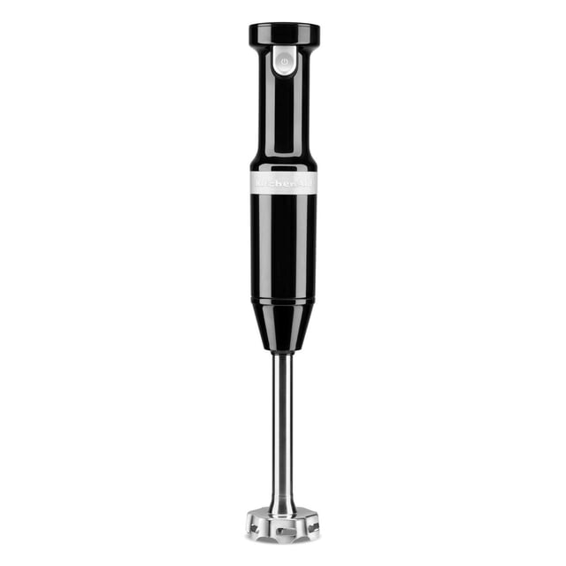 KitchenAid® Sans Fil à Vitesse Variable à Main Blender en Noir avec un Bras de Mélange en Acier Inoxydable de 8 Pouces et une Lame à 4 Points, avec un Bouton d'Alimentation et le logo KitchenAid sur un Bracelet Argenté, Idéal pour le Mélange Sans Fil et le Contrôle de la Vitesse Variable dans les Petits Appareils.