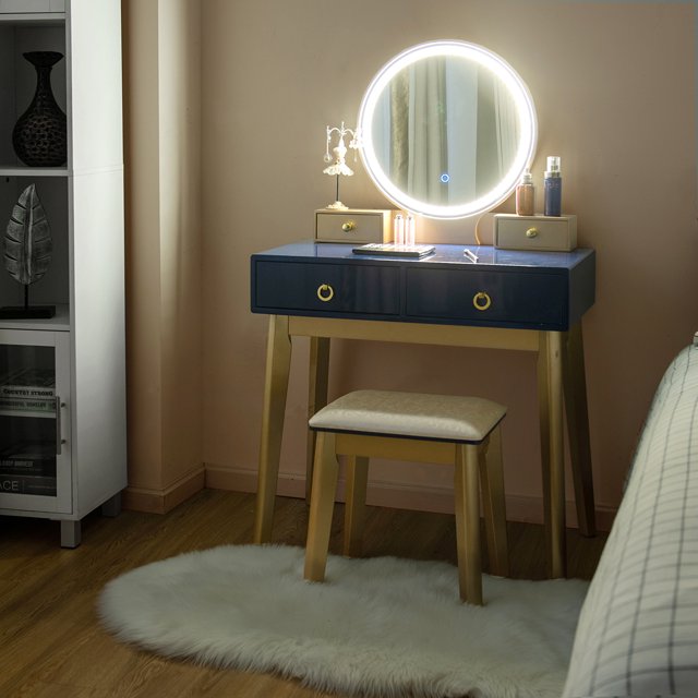 Gymax Ensemble de Coiffeuse Maquillage avec Miroir à Gradation à Écran Tactile Bleu Marine