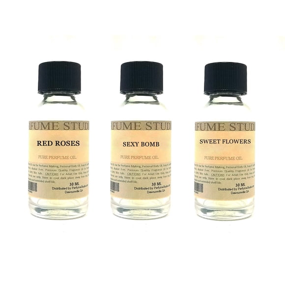 Fragrance Oil Set 3-Pk 1oz Each for Making Soaps, Candles, Bath Bombs, Lotions, Room Sprays, Colognes (Aromatic Fougere, Red Roses, Sexy Bomb, Sweet Flowers)