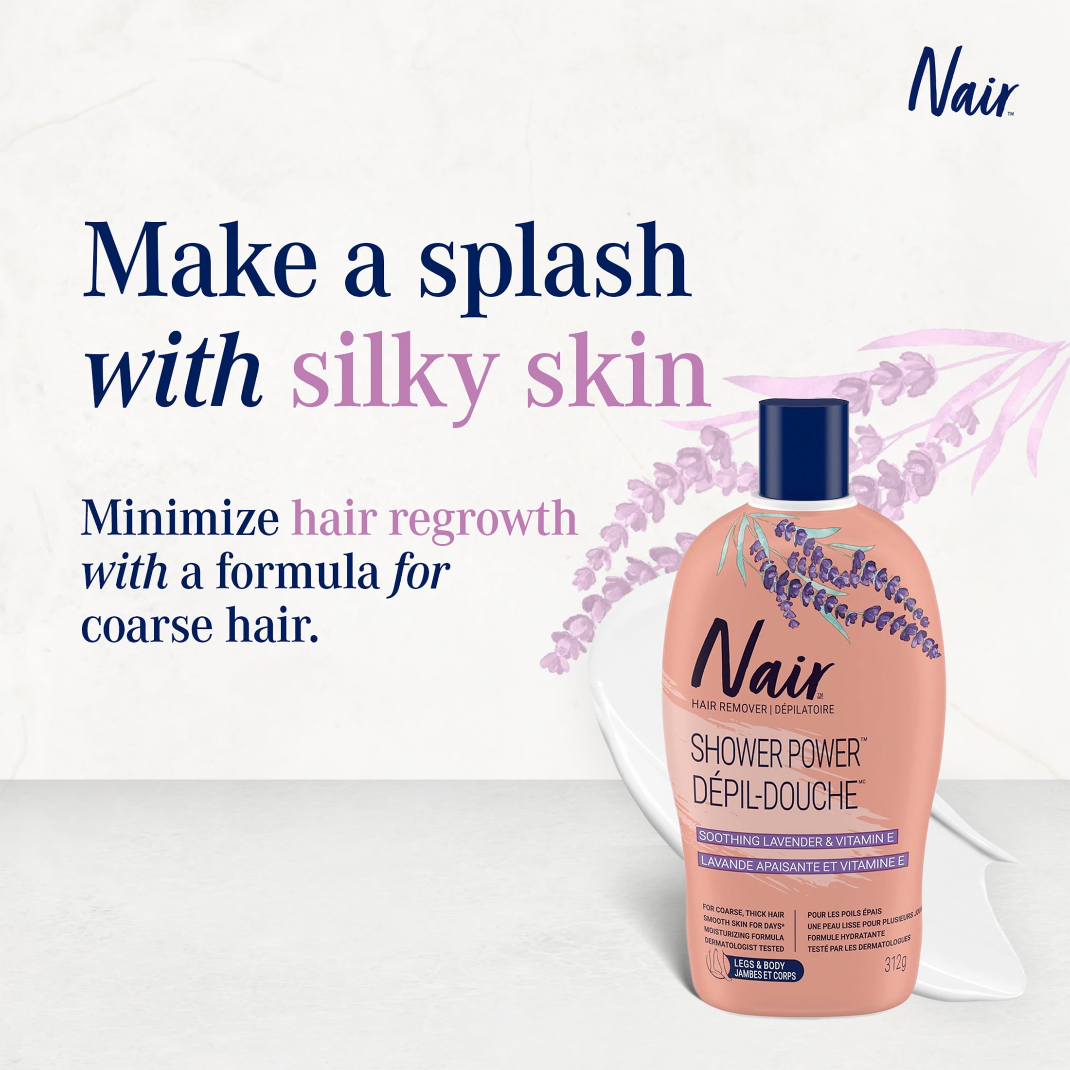 Nair Dépil-Douche Max Pour Forte Pilosité Formule Hydratante Avec Lavande Apaisante Et Vitamine E.