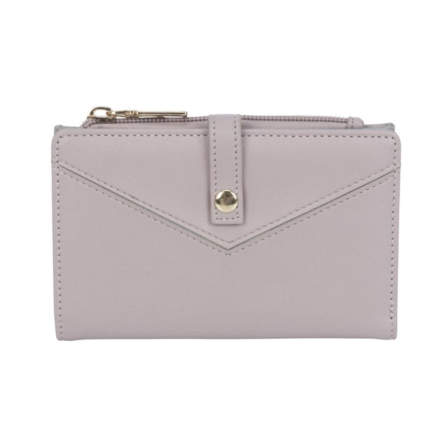 Aliyah Ladies Bi Fold Organizer Wallet in light mauve with a snap-tab closure, seven card slots, an ID window, a currency pocket, and a zippered coin compartment, crafted in smooth faux leather with envelope-style front stitching for organized storage, also suitable for storing small travel essentials.