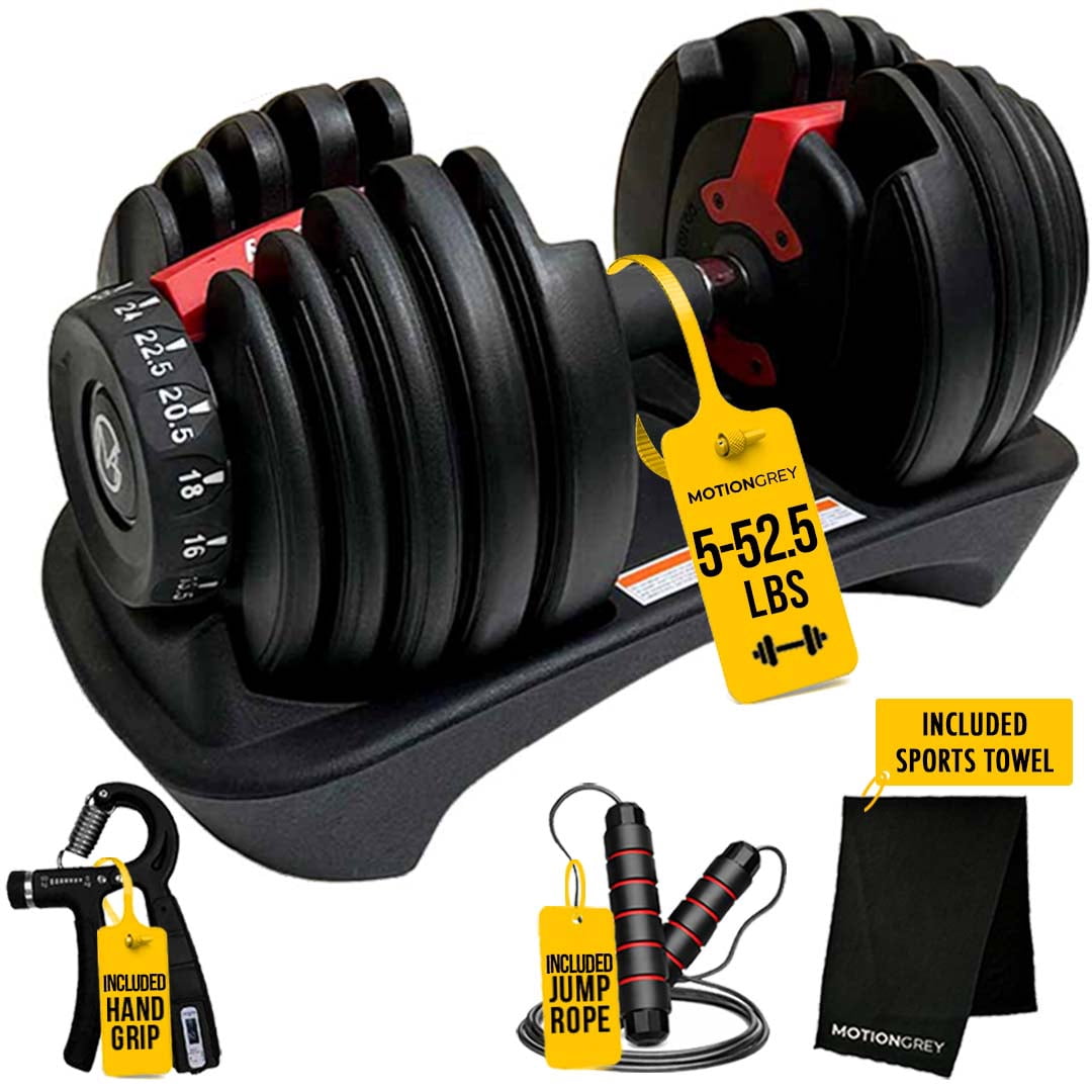 MotionGrey Adjustable Dumbbell 5 to 52.5 LB, Free High Strength Hand Grip Included 15 Adjustable Weight Settings Dumb Bell, Anti-slip Metal Handle for Exercise