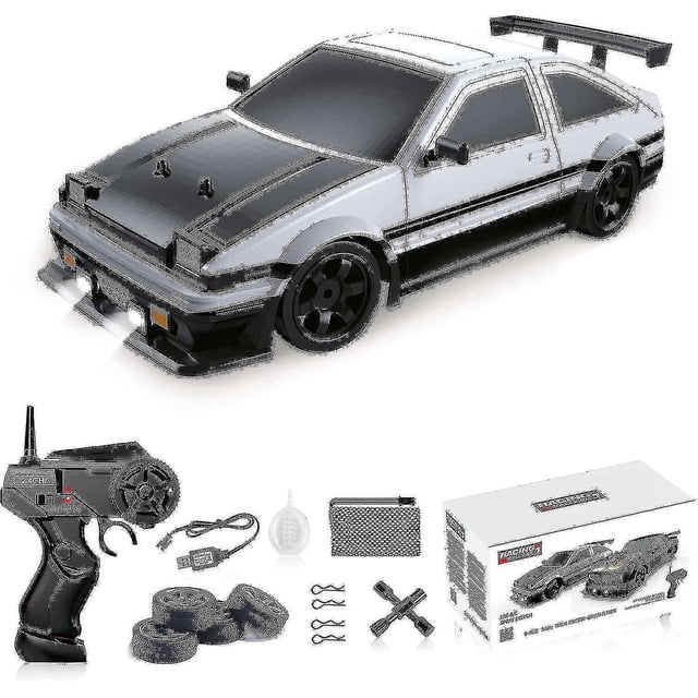 Ae86 Voiture RC drift 1/16 au design Multicolore, Dotée d'Un Système 4RM, de Moteurs Puissants et d'Une Carrosserie ABS durable. la Voiture Comprend des Lumières LED, un Pulvérisateur Arrière et une Capacité à Haute Vitesse jusqu'à 18 km/h. l'Ensemble Est Livré avec une Télécommande, des Pneus Supplémentaires, un Câble de Chargement USB et d'Autres Accessoires, Présentés à Côté de la Voiture et de Son Emballage.