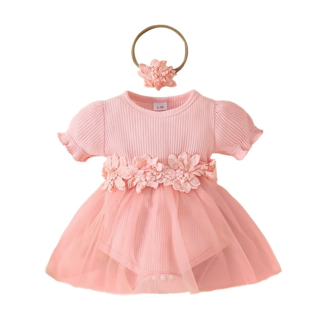 MIASHUI Barboteuse Robe à Manches Courtes Côtelée à Fleurs pour Filles avec Bandeaux, Rouge, 6-9 Mois