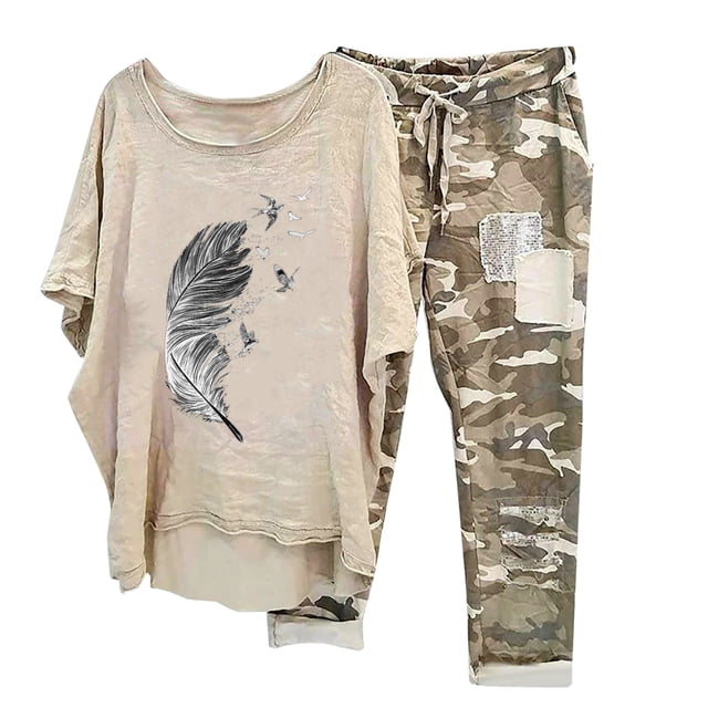 Ensembles d'Entraînement pour Femmes Imprimé Col Ras du Cou Manches Mi-Longues Chandail à Enfiler Hauts + Pantalons Ensemble Pantalons Ensembles Femmes Tenue 2 Pcs en Liquidation