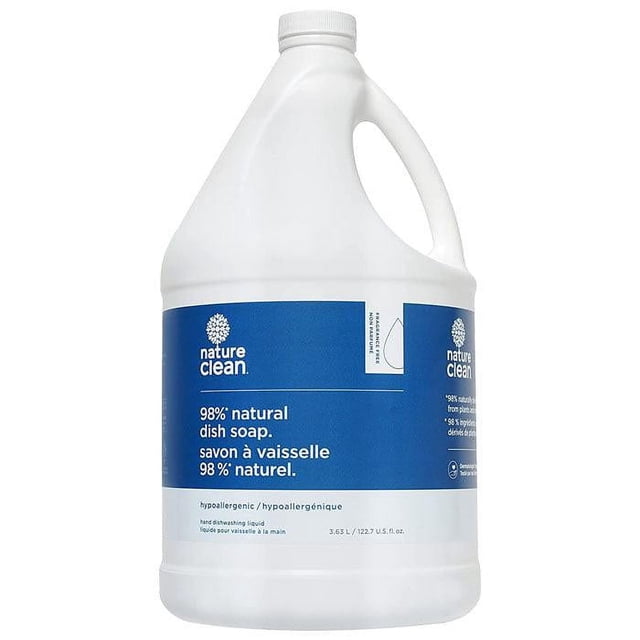 Nature Clean Liquide à Vaisselle Bouteille de 3,63 L avec Poignée et Bouchon Blancs, Étiquette Bleue Indiquant 98 % Naturel, Savon à Vaisselle Hypoallergénique pour Lavage des Mains, Biodégradable et Sécuritaire pour Fosses Septiques, Contenant 3,63 Litres (122,7 oz Liq. US).