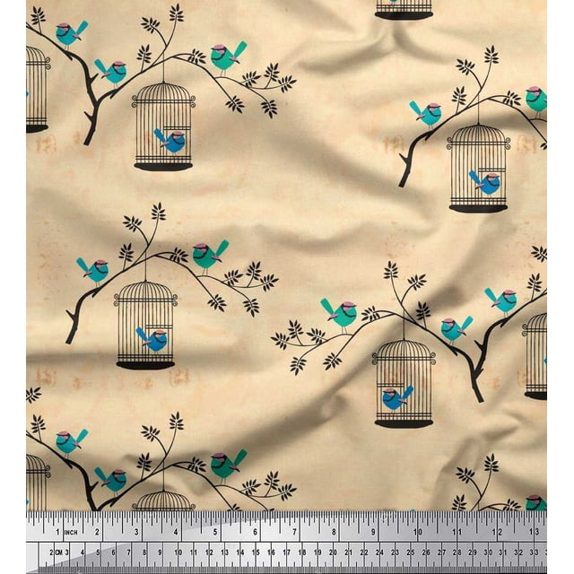 Soimoi Tissu Poly Georgette Branches, Imprimé Cage & Oiseau au Mètre 42 Pouces de Large
