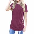 thumbnail image 2 of T-shirt pour Femmes à Col Rond, Manches Courtes, Haut Uni Ample, T-shirt à Boutons de Couleur, Rouge Vin, G, 2 of 5