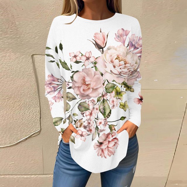 DPTALR Blouses d'Automne à Col Rond Imprimé pour Femmes Manches Longues Smockées