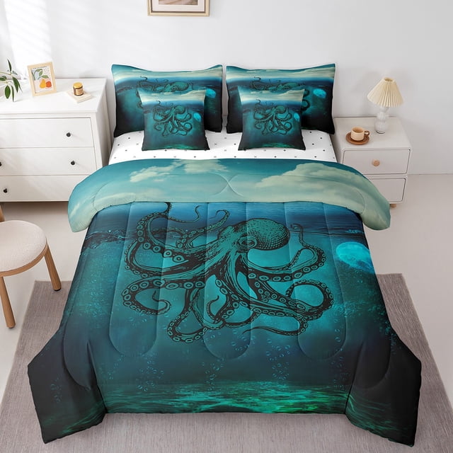 YST Ocean Animal Comforter Set, 7-Piece Bed In A Bag, Marine Life Theme, Polyester, Queen Size