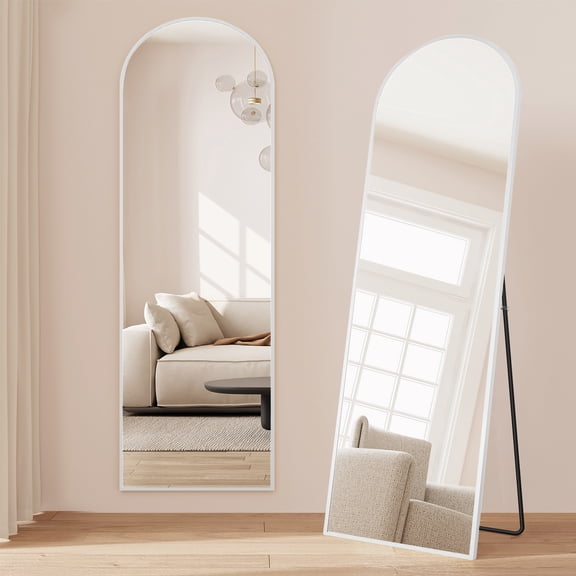 "SONGMICS Miroir Pleine Longueur, 160 x 50 cm, Miroir Pleine Longueur avec Support, Miroir sur Pied avec Cadre en Alliage d'Aluminium, Verre Trempé, pour Chambre, Salon, Vestiaire, Blanc Mat Arqué