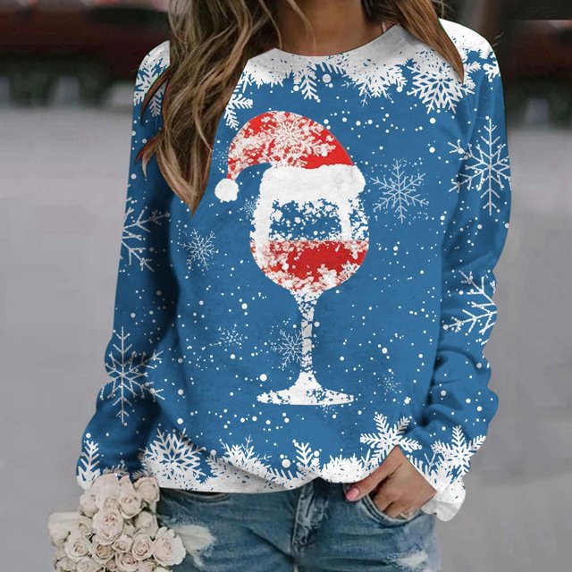 TIMIFIS Chandail en Molleton Oversize de Noël pour Femmes Décontracté Mignon Verre de Vin Rouge Flocon de Neige Imprimé Col Rond Chandail Cadeaux pour Noël