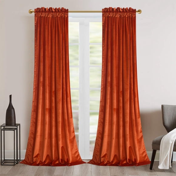 Roslynwood Velvet Red Orange Curtains for Living Room - Soft Luxury Thermal Insulated Curtains Rod Pocket Curtains Set of 2 Panels W52 by L96