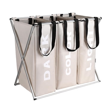 3 Section Foldable Laundry Hamper, Large 90L Capacity Laundry Sorter, Oxford Metal X-Frame Clothes Storage Laundry Basket